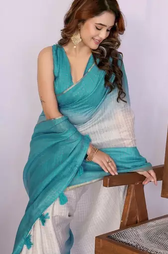 Teal linen checked saree with blouse