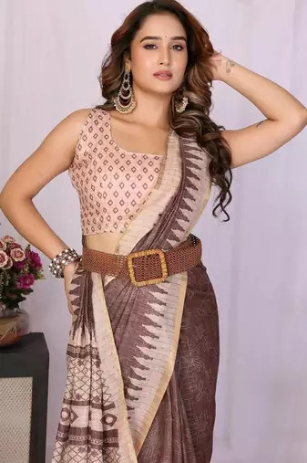 Brown linen printed saree with blouse