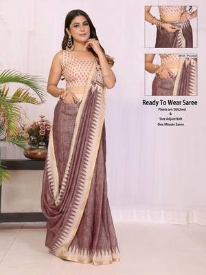 Brown linen printed saree with blouse 4