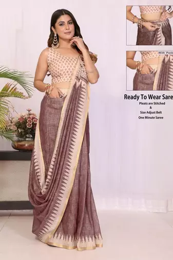 Brown linen printed saree with blouse