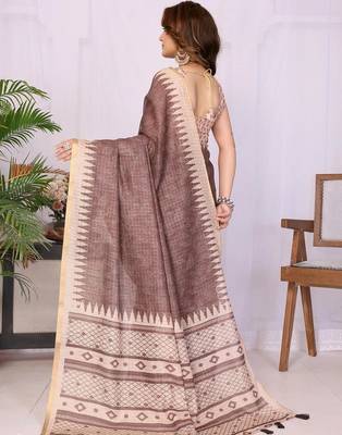 Brown linen printed saree with blouse 5