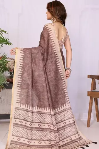 Brown linen printed saree with blouse