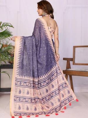 Navy blue linen printed saree with blouse 5