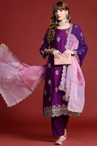 Ethnic Motifs Embroidered Kurta With Trousers & Dupatta