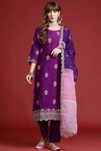 Ethnic Motifs Embroidered Kurta With Trousers & Dupatta