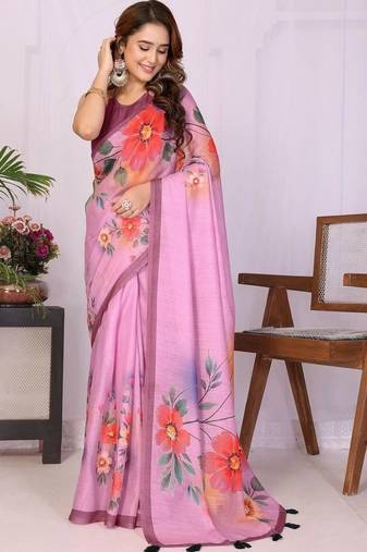 Pink pure linen printed saree with blouse