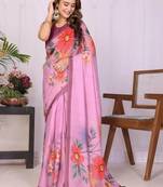 Pink pure linen printed saree with blouse