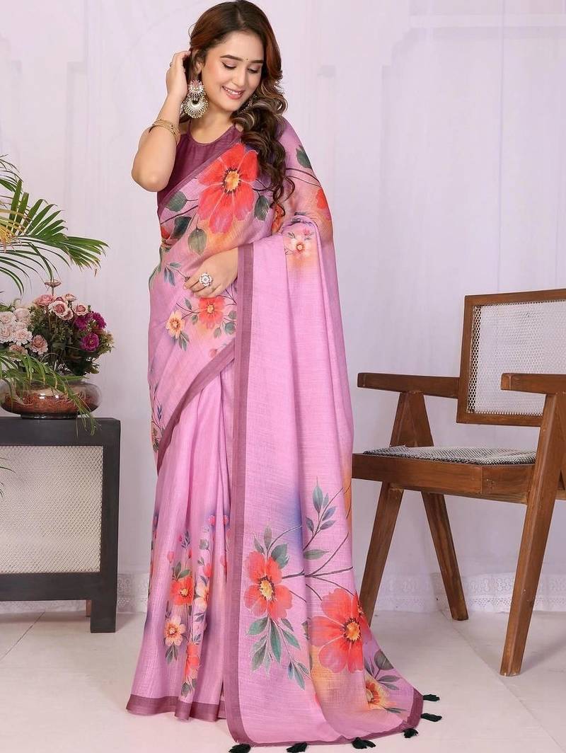 Pink pure linen printed saree with blouse