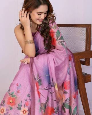 Pink pure linen printed saree with blouse 3