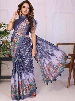 Navy blue pure linen printed saree with blouse 1