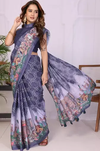 Navy blue pure linen printed saree with blouse