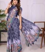 Navy blue pure linen printed saree with blouse