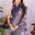 Navy blue pure linen printed saree with blouse