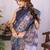Navy blue pure linen printed saree with blouse