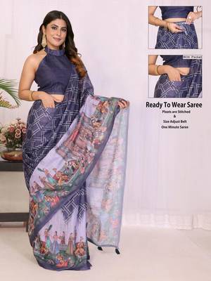 Navy blue pure linen printed saree with blouse 5