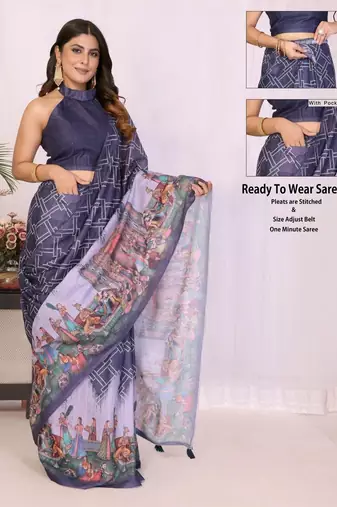 Navy blue pure linen printed saree with blouse
