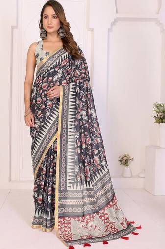Black linen printed saree with blouse