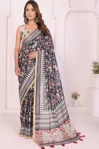 Black linen printed saree with blouse