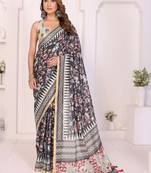 Black linen printed saree with blouse