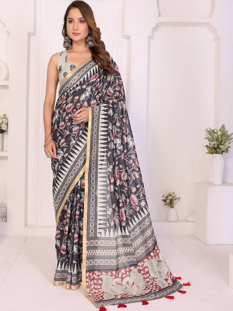 Black linen printed saree with blouse