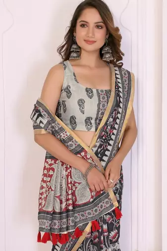 Black linen printed saree with blouse