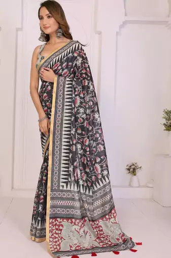 Black linen printed saree with blouse