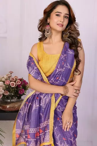 Purple linen printed saree with blouse