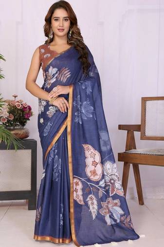 Navy blue pure linen printed saree with blouse