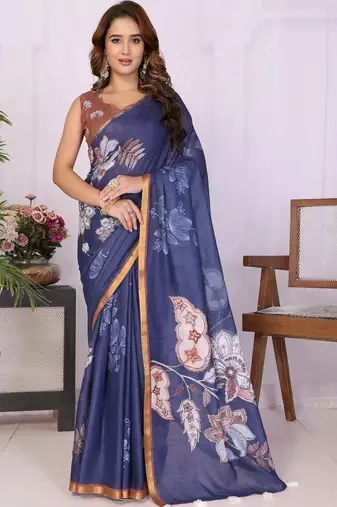 Navy blue pure linen printed saree with blouse