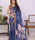 Navy blue pure linen printed saree with blouse