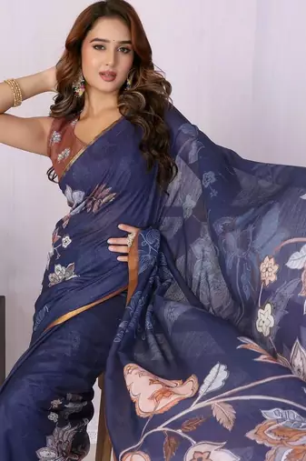 Navy blue pure linen printed saree with blouse