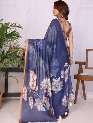 Navy blue pure linen printed saree with blouse 5