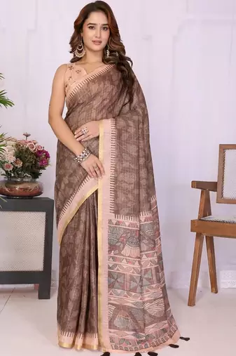 Brown linen printed saree with blouse