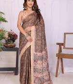 Brown linen printed saree with blouse