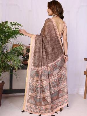 Brown linen printed saree with blouse 5
