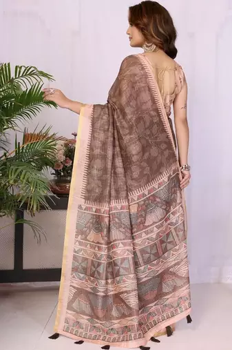 Brown linen printed saree with blouse