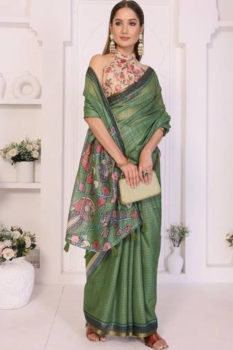 Green linen printed saree with blouse
