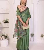 Green linen printed saree with blouse