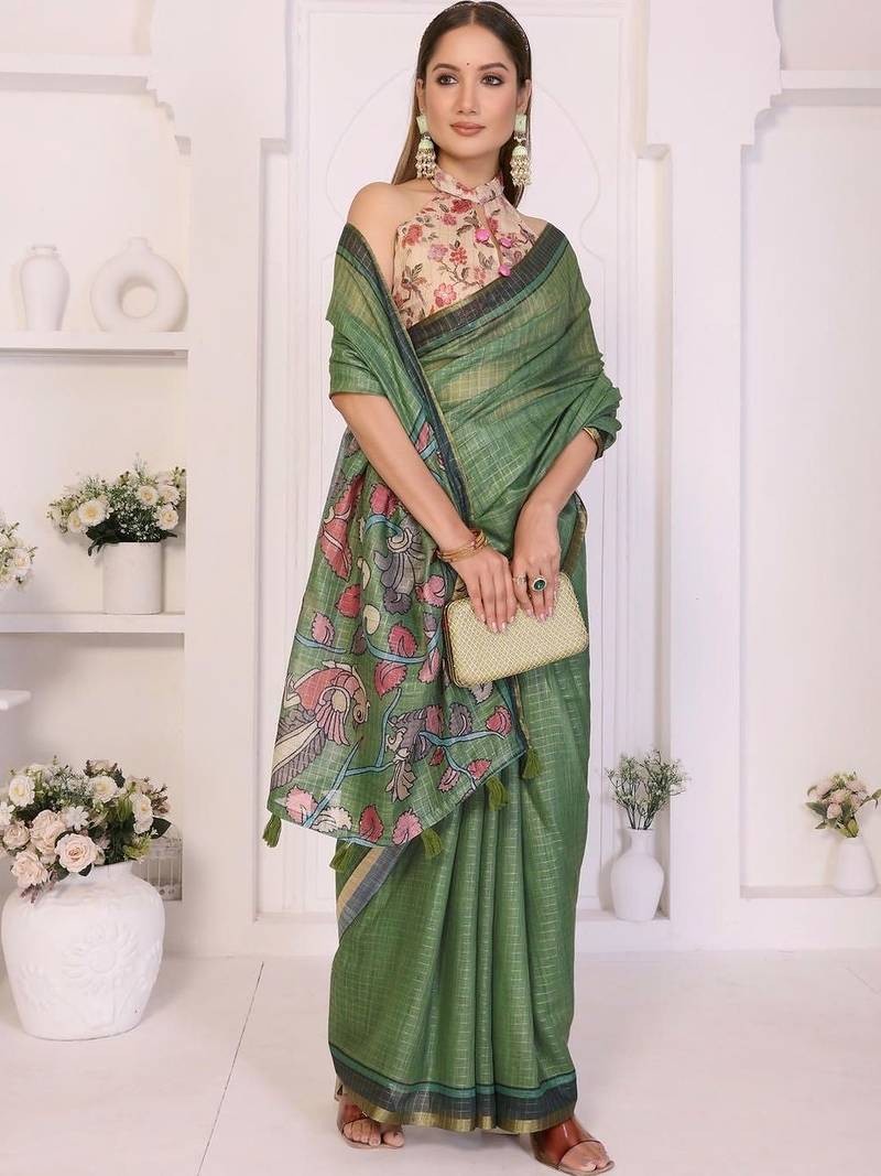 Green linen printed saree with blouse
