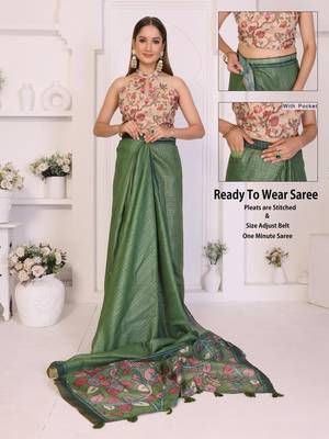 Green linen printed saree with blouse 2