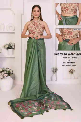 Green linen printed saree with blouse