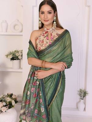 Green linen printed saree with blouse 3