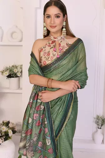 Green linen printed saree with blouse