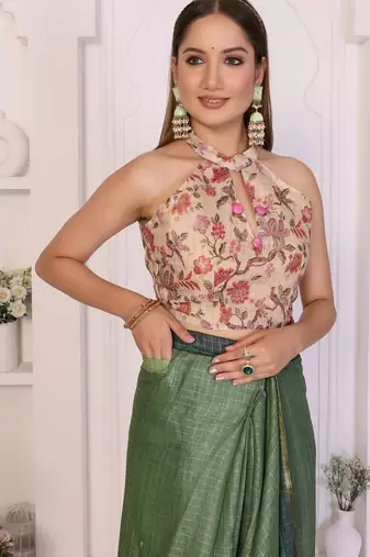 Green linen printed saree with blouse