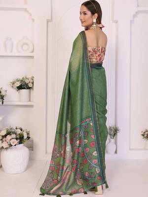 Green linen printed saree with blouse 5