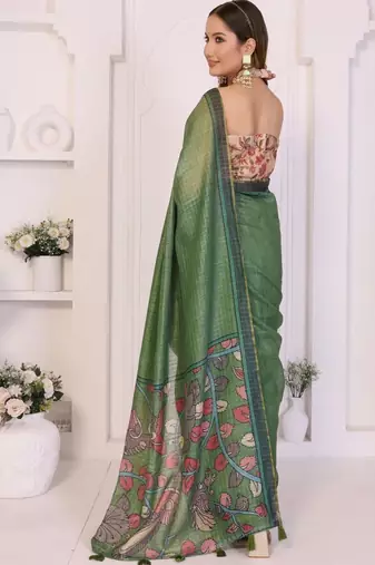 Green linen printed saree with blouse