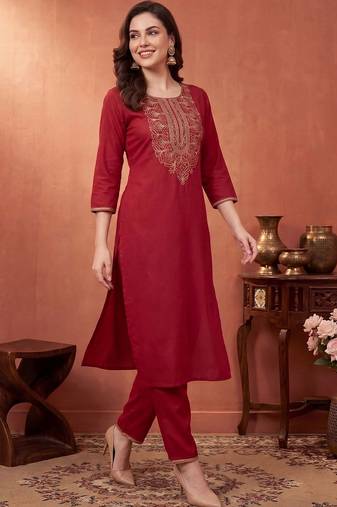 Women Ethnic Motifs Embroidered Regular Pure Cotton Kurta with Trousers