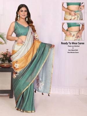 Multicolor linen printed saree with blouse 3