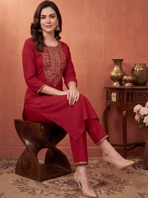 Women Ethnic Motifs Embroidered Regular Pure Cotton Kurta with Trousers 5