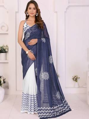 Blue linen printed saree with blouse 2